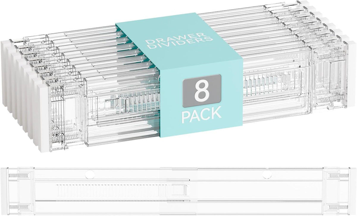 Yieach 8 Pack 3.2 Inch Shallow Acrylic Drawer Dividers for Clothes -Expandable from 15-21''- Adjustable Drawer Dividers for Baby Clothing,Sock,Underwear,Clear in Drawer Separators for Dresser,Kitchen
