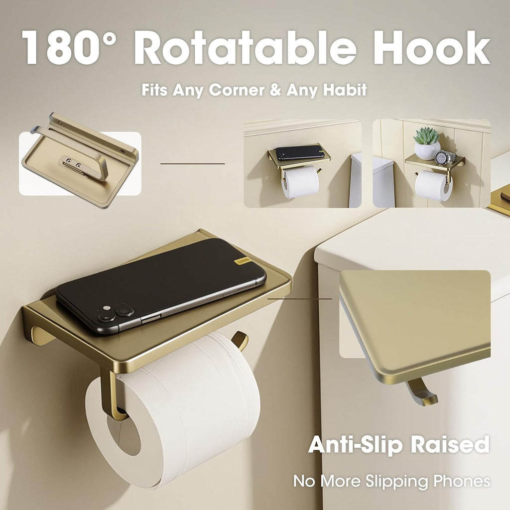 TRUSTMI Toilet Paper Holder with Phone Shelf, Zinc Alloy, Brushed Gold