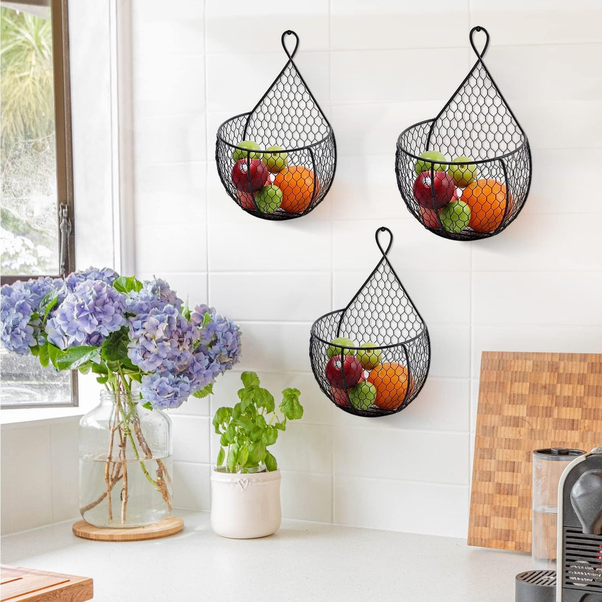 ERYTLLY Metal Fruit And Vegetable Storage Hanging Basket Wall Mounted, Hanging Basket For Kitchen Black Wire Baskets for Flowers, Fruits and Veggies - Set of 3