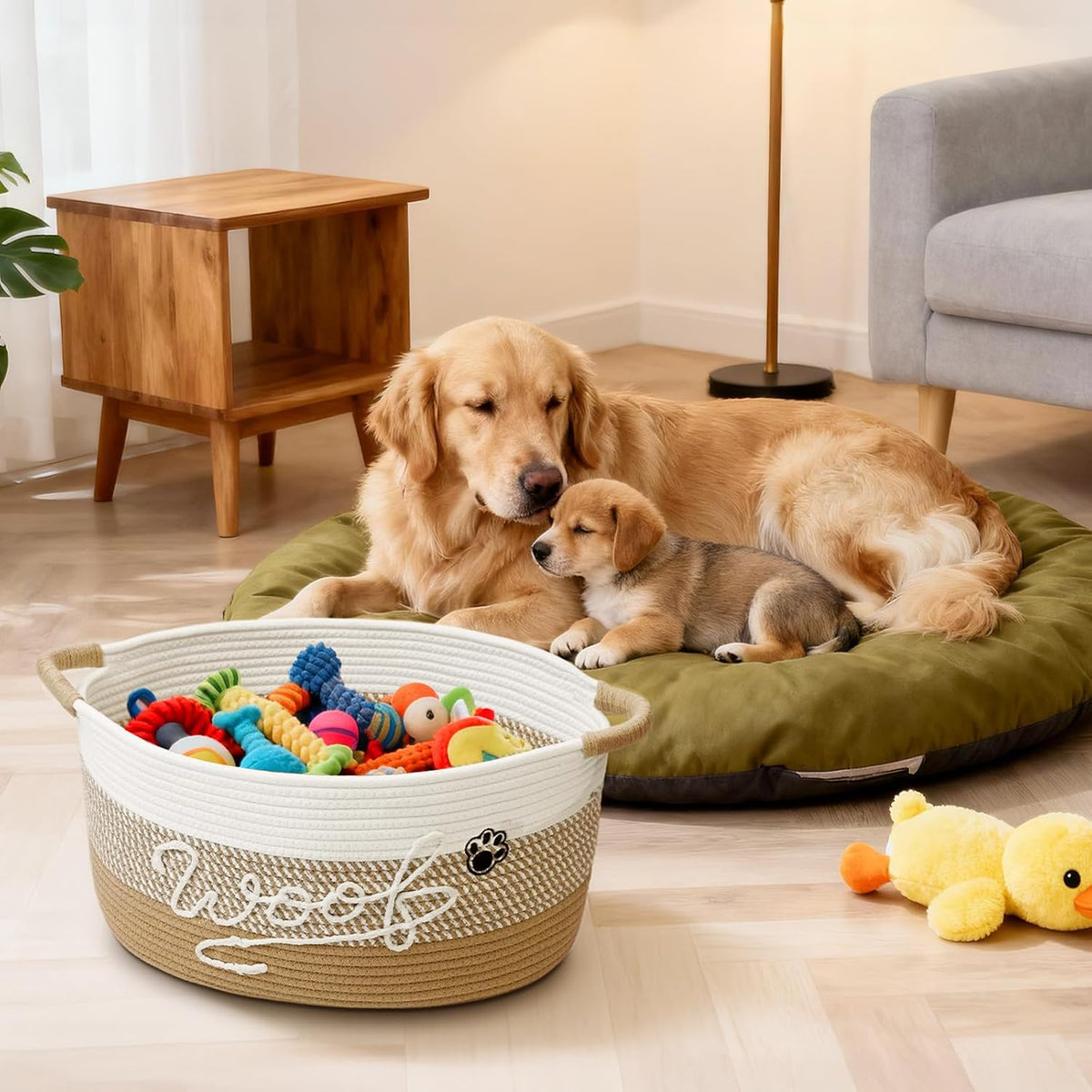 Woof Dog Toy Basket with Handles, Large Dog Toy Storage Bin with Paw Print, Woven Dog Basket for Blankets, Toys, Chews, Pet Toy Box for Nursery, Living Room, Bedroom, 20”x14”x9, Yellow