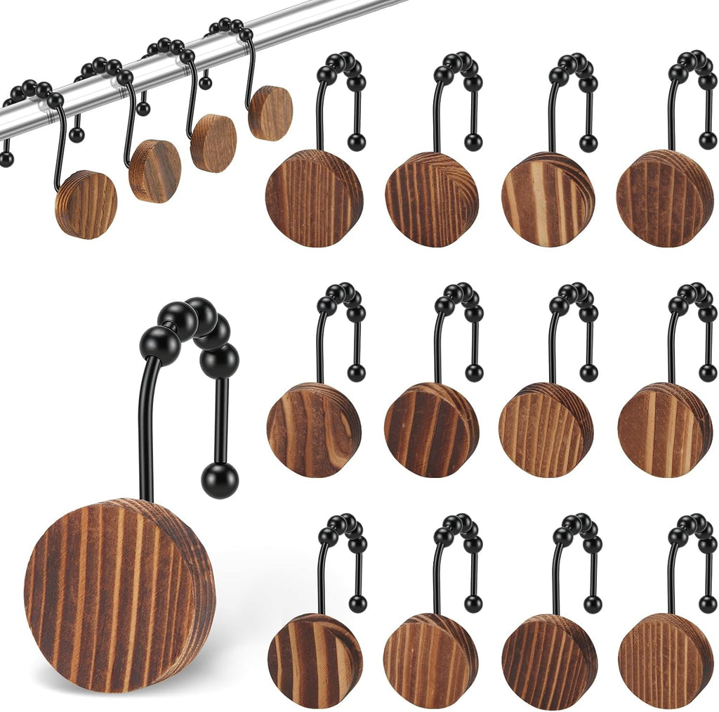 Wood Shower Curtain Hooks,Boho Shower Curtain Rings Decorative,Free Sliding Shower Hooks for Shower Curtain & Liners, Shower Curtain Hangers for Bathroom Shower Curtain Rods Curtains(Brown, 24)