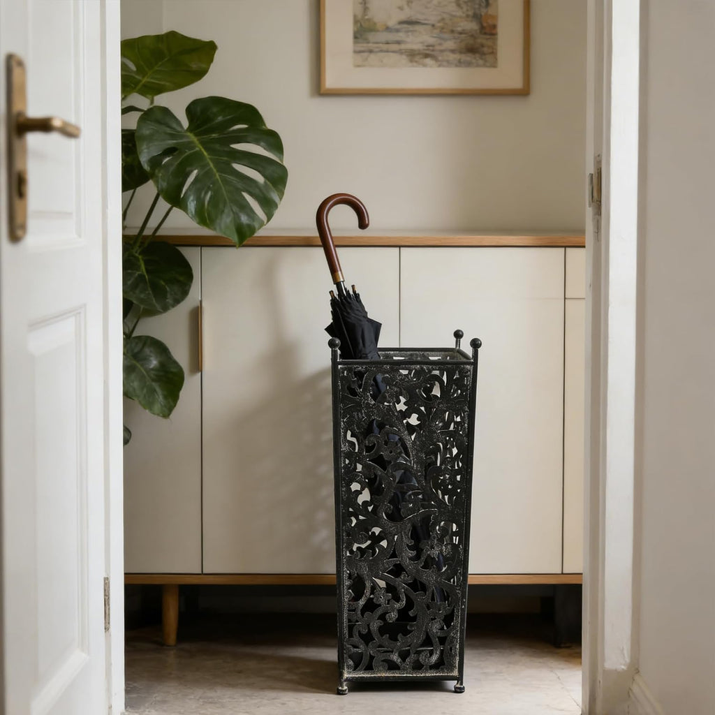 Vintage Black Metal Umbrella Holder with Ornate Cutout Pattern Antique Decorative Umbrella Stand with Detachable Drip Tray for Entryway Storage Umbrellas Canes & Walking Sticks (Black)