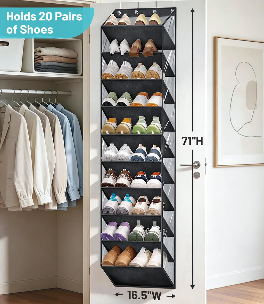 AOODA 10 Tier Clear Over the Door Shoe Organizer Storage, Deep Pockets Large Hanging Shoe Rack for Closet Door, Fit 20 Pairs Shoe Holder Hanger for Sneakers, Boots (Black)