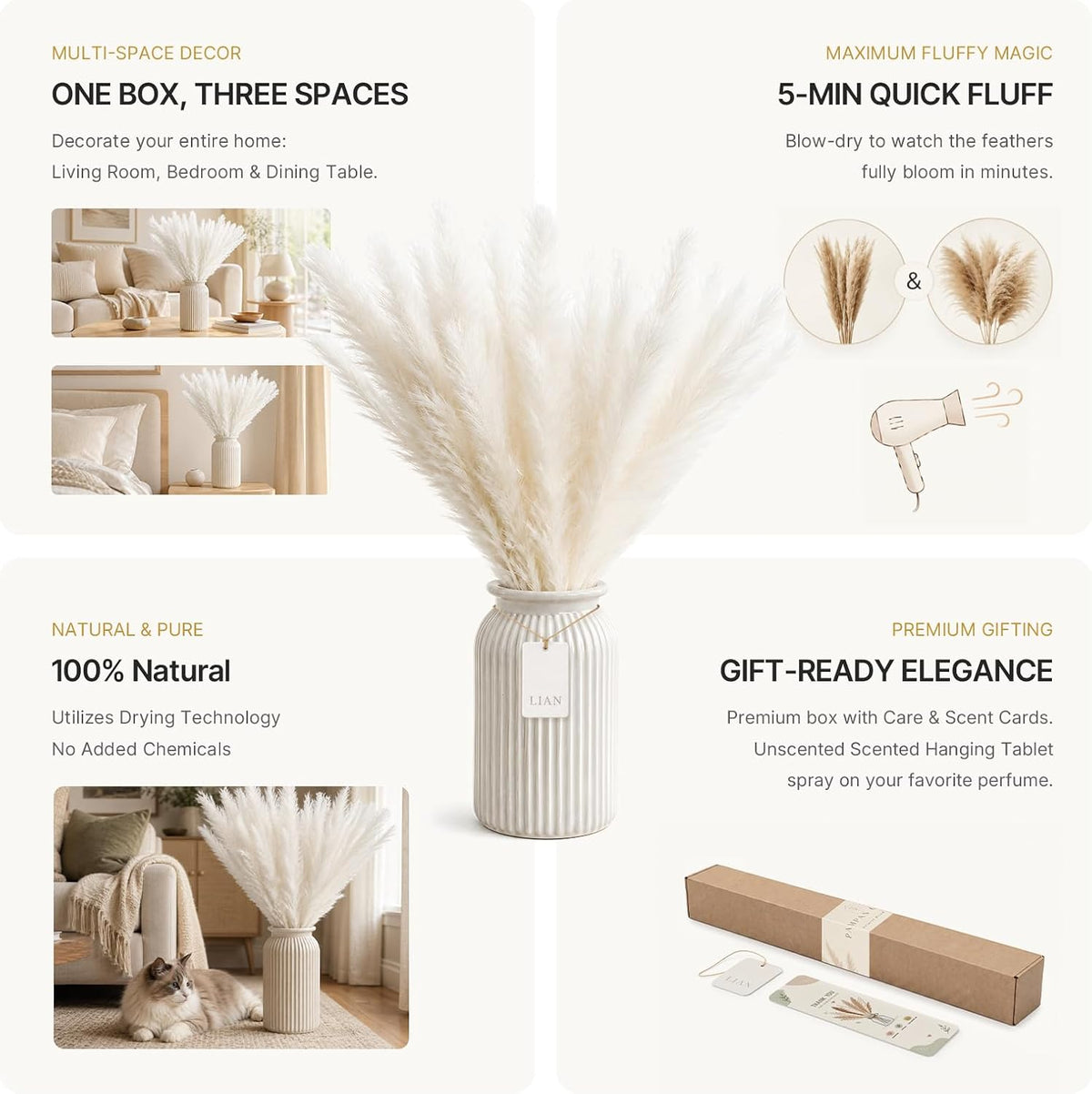 LIAN 100 Pcs White Small Pampas Grass Bouquet, Dried Reeds for Boho Decor
