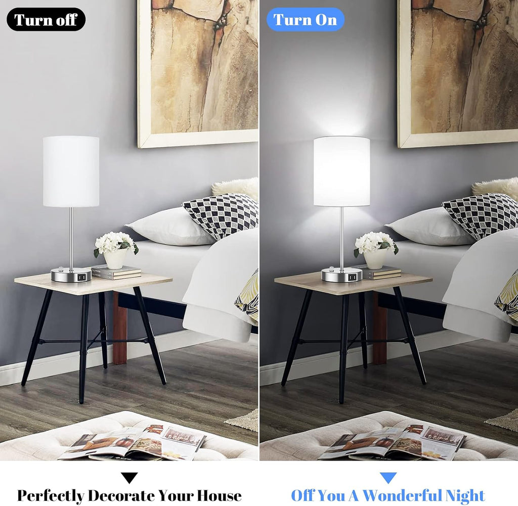 Set of 2 Table Lamps with USB Ports, White Bedside Lamps with AC Outlet