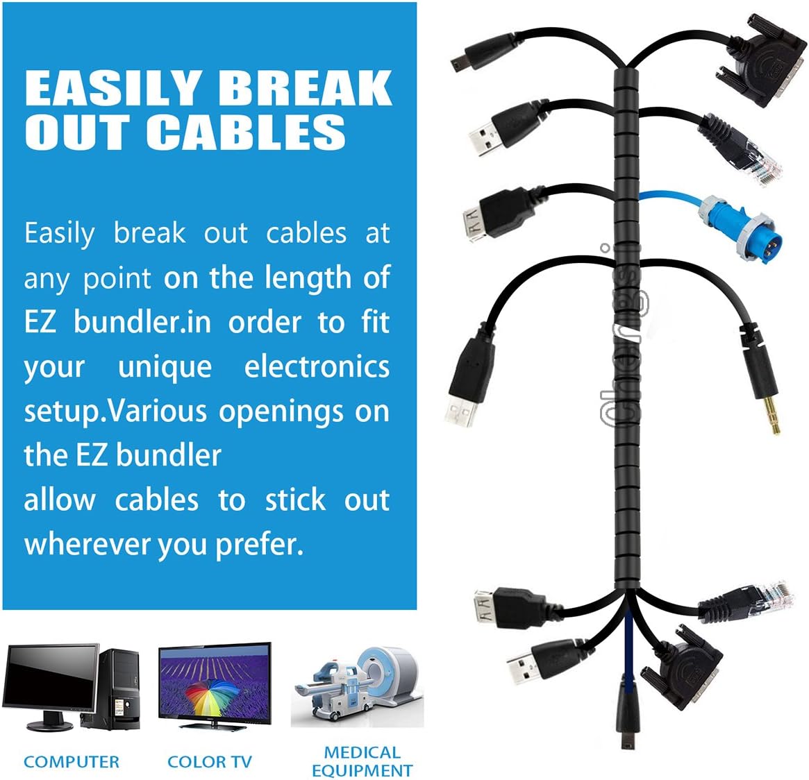 Cable Sleeve Organizer 10FT Coiled Tube Sleeve Cable Management Sleeve for Home Office PC TV Black