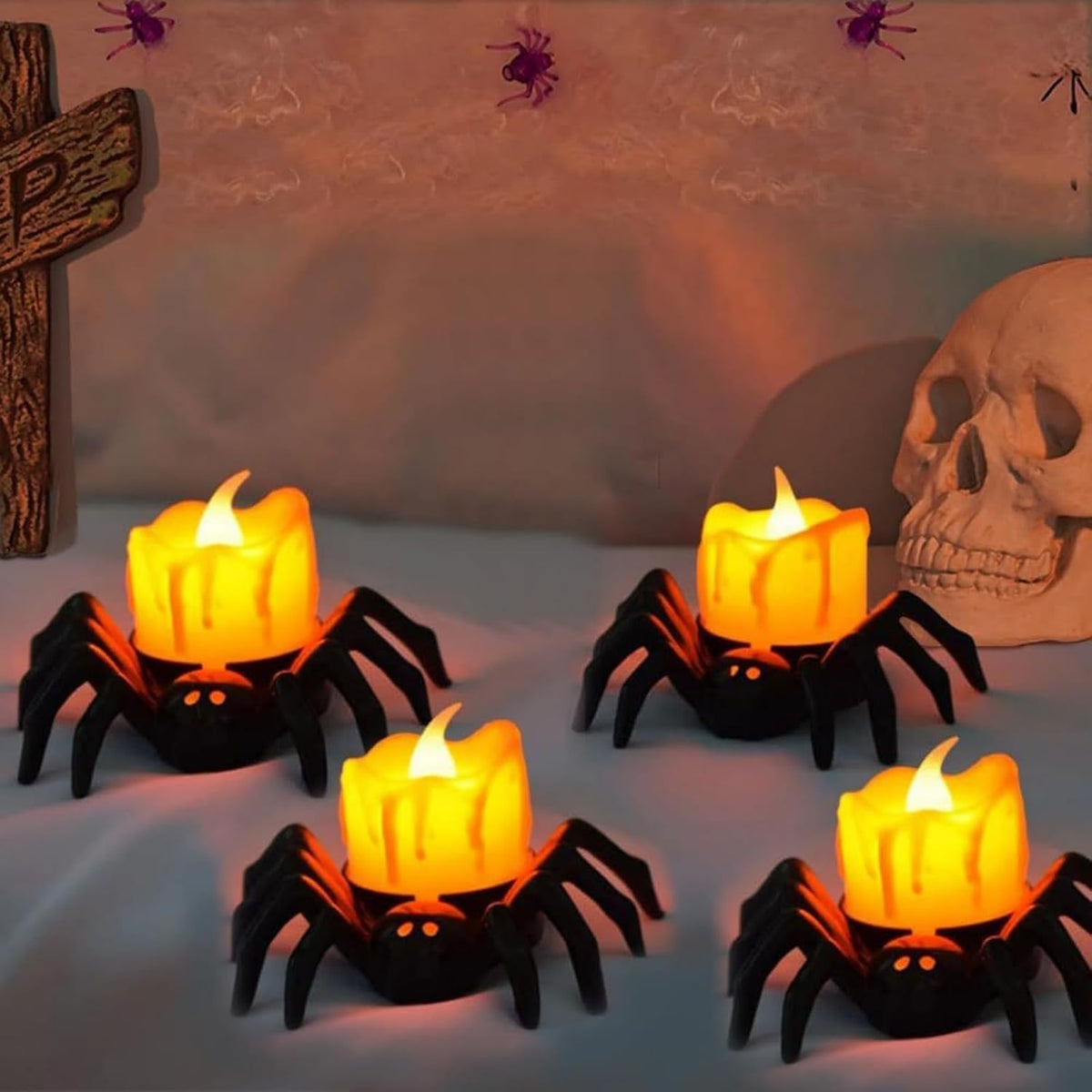 6 PCS Spider Tea Lights Flameless Candles Halloween Lights Indoor