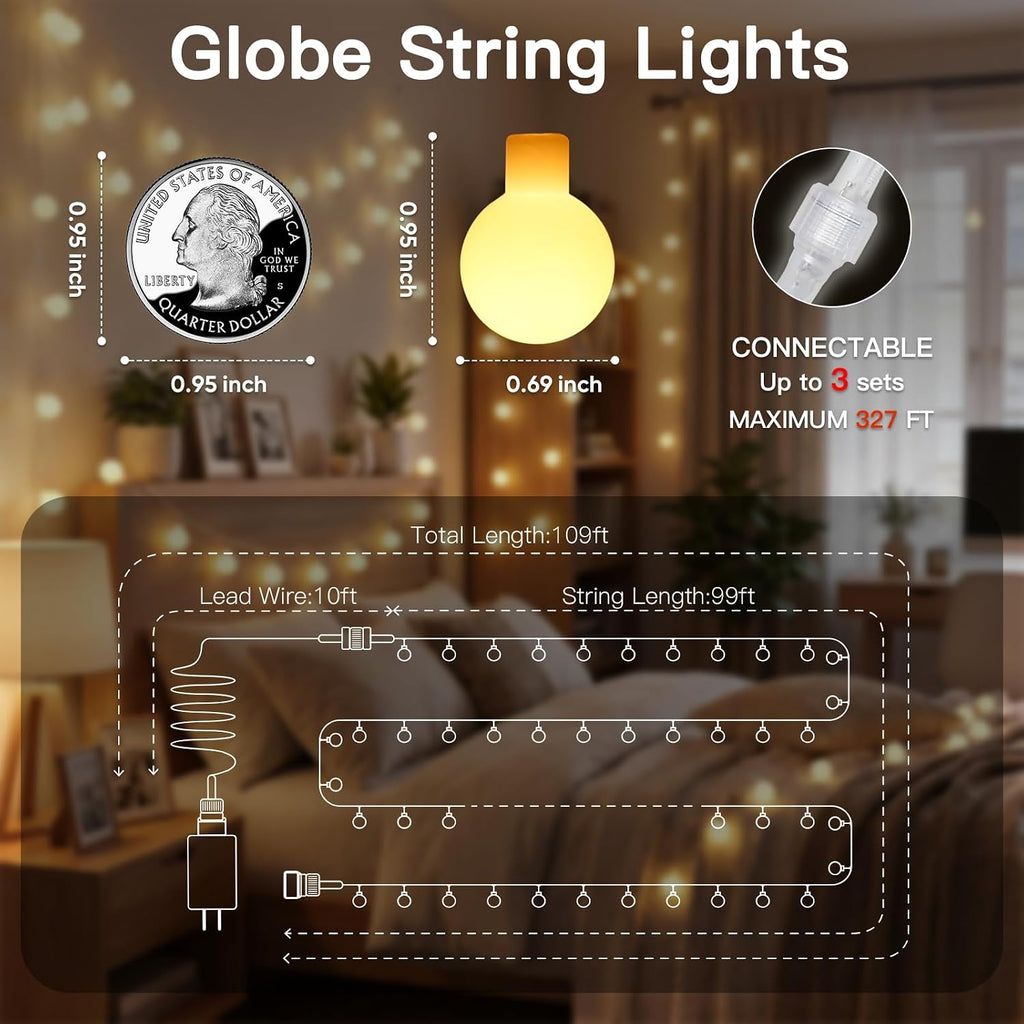 suddus 109ft Connectable Globe String Lights Plug in Remote Warm White