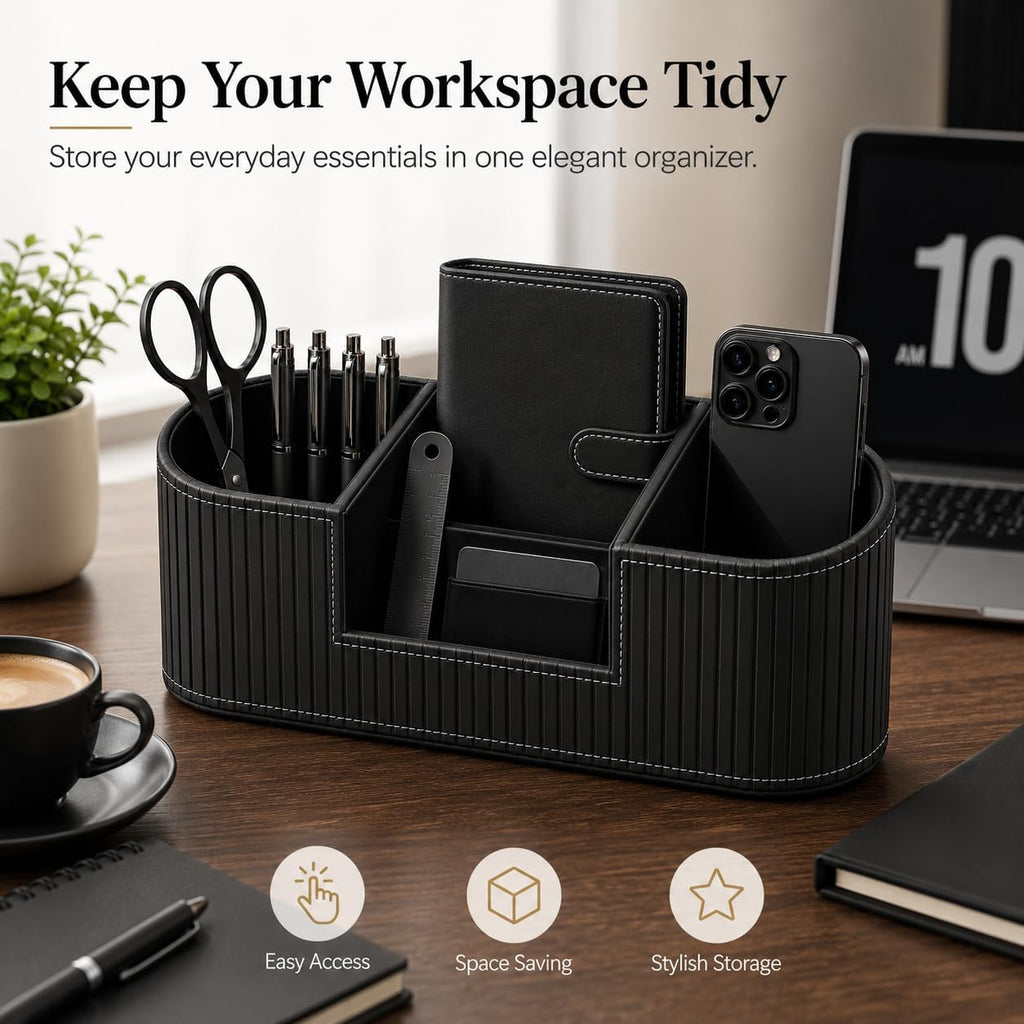 KINGFOM Modern Leather Desk Organizer for Men & Women, Aesthetic Office Desk Accessories Organizer, Faux Leather Vanity Organizer for Pens, Makeup Brushes, Remote Controls, Black Minimalist Desk Decor