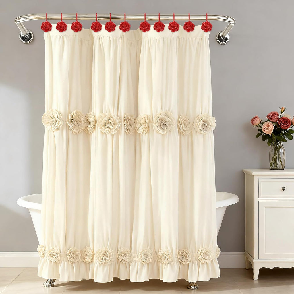 Metal Rose Shower Curtain Hooks, Rust-Resistant Hooks for Shower Curtain Rods, Set of 12, Beautiful Floral Rose Design Bathroom Decoration Hooks (Red)