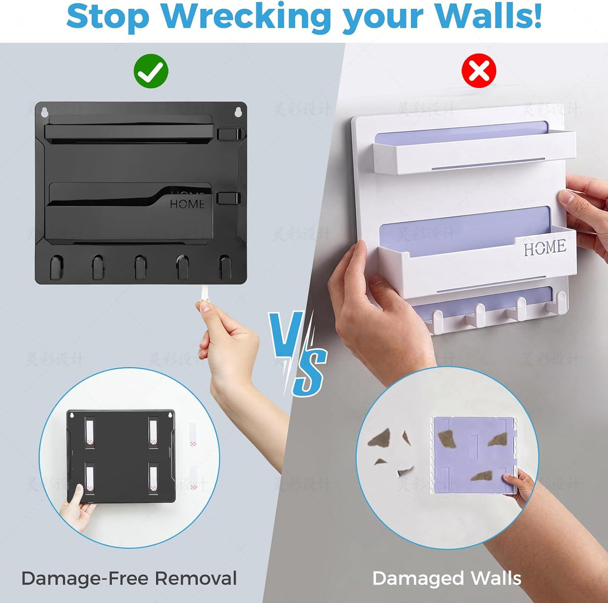 Wall Mount Shelf Organizer, Adhesive Bedside Shelf Accessories with Hooks and Cable Clips, Dorm Room Wall Storage for Phone, Remote, Earphone, Kindle, Plastic(Black)