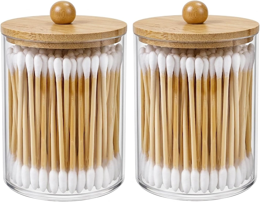 Bathroom Counter Organizer & Qtip Holder - 2-Piece 10oz Clear Plastic Apothecary Jar With Bamboo Lid, Cotton Swab Dispenser For Vanity Stuff, Hair Tie Storage & Boho Accessories