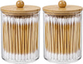 Bathroom Counter Organizer & Qtip Holder - 2-Piece 10oz Clear Plastic Apothecary Jar With Bamboo Lid, Cotton Swab Dispenser For Vanity Stuff, Hair Tie Storage & Boho Accessories
