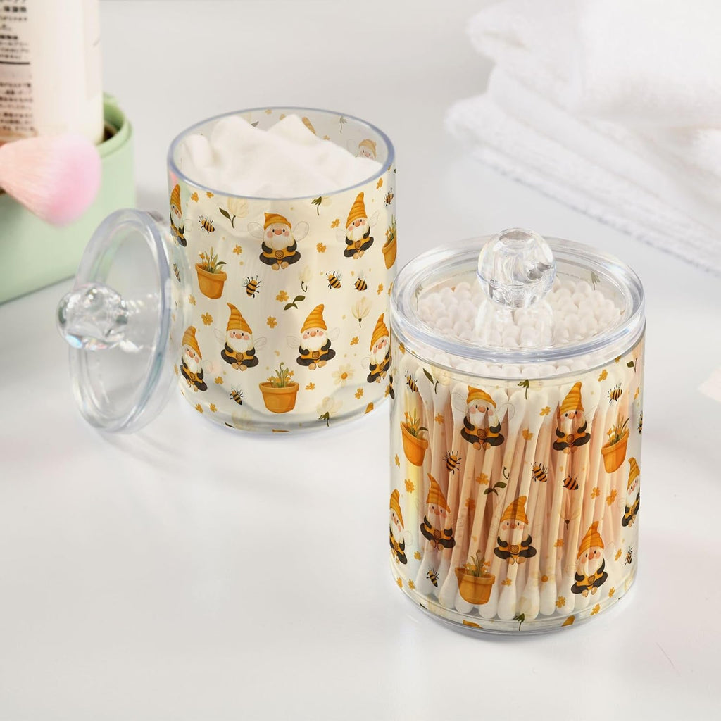 Gredecor Qtip Holder Dispenser 2 Pack Gnome Bees Flying Dwarf Daisy Apothecary Jars with Lids Bathroom Vanity Countertop Canister Storage Organizer for Cotton Ball,Swabs,Pads,Floss