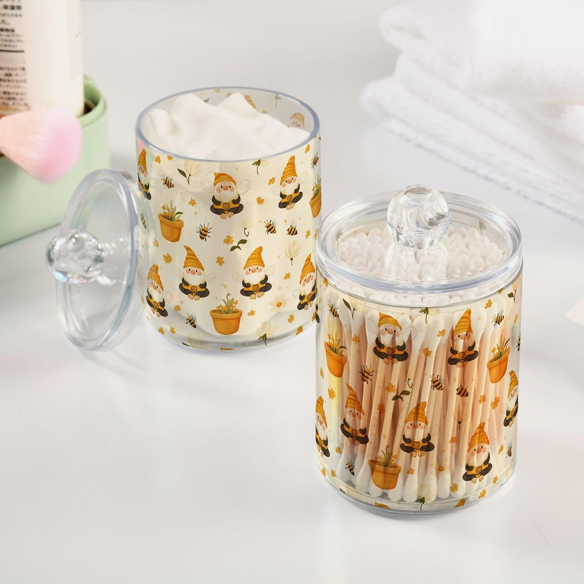 Gredecor Qtip Holder Dispenser 2 Pack Gnome Bees Flying Dwarf Daisy Apothecary Jars with Lids Bathroom Vanity Countertop Canister Storage Organizer for Cotton Ball,Swabs,Pads,Floss