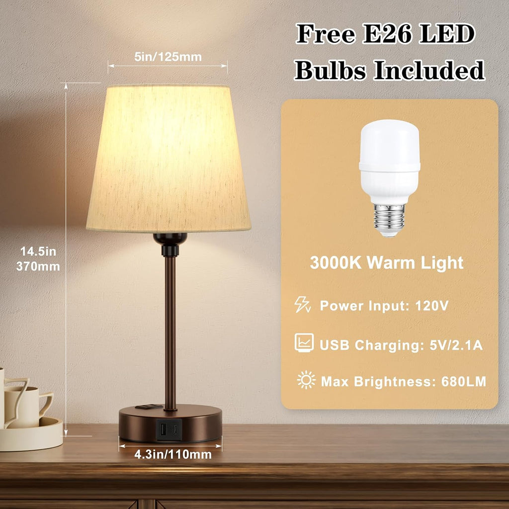 Brown Bedside Lamps Set 2 for Bedroom - Dimmable Touch, USB C+A, AC Outlet