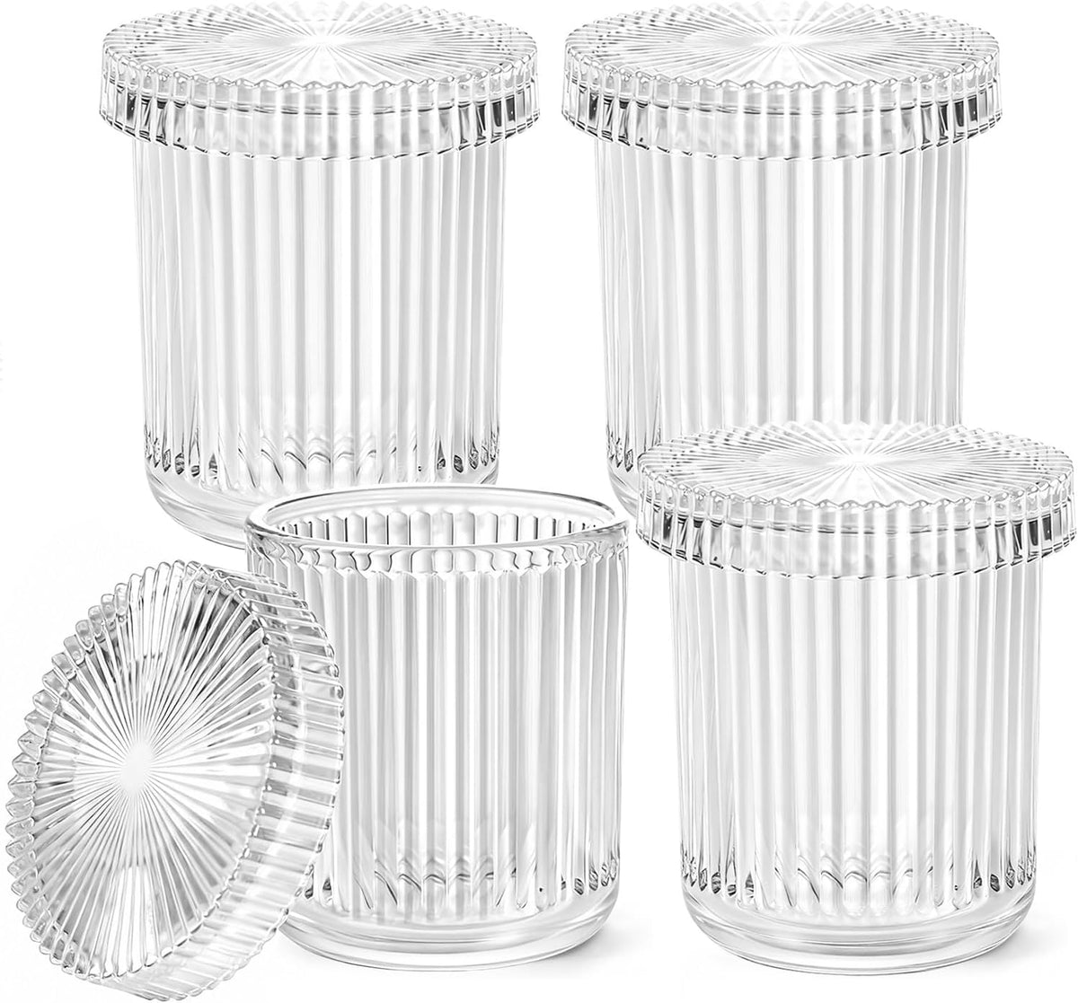 SheeChung 4 Pack Glass Qtip Holder Dispenser, Apothecary Jars with Lids