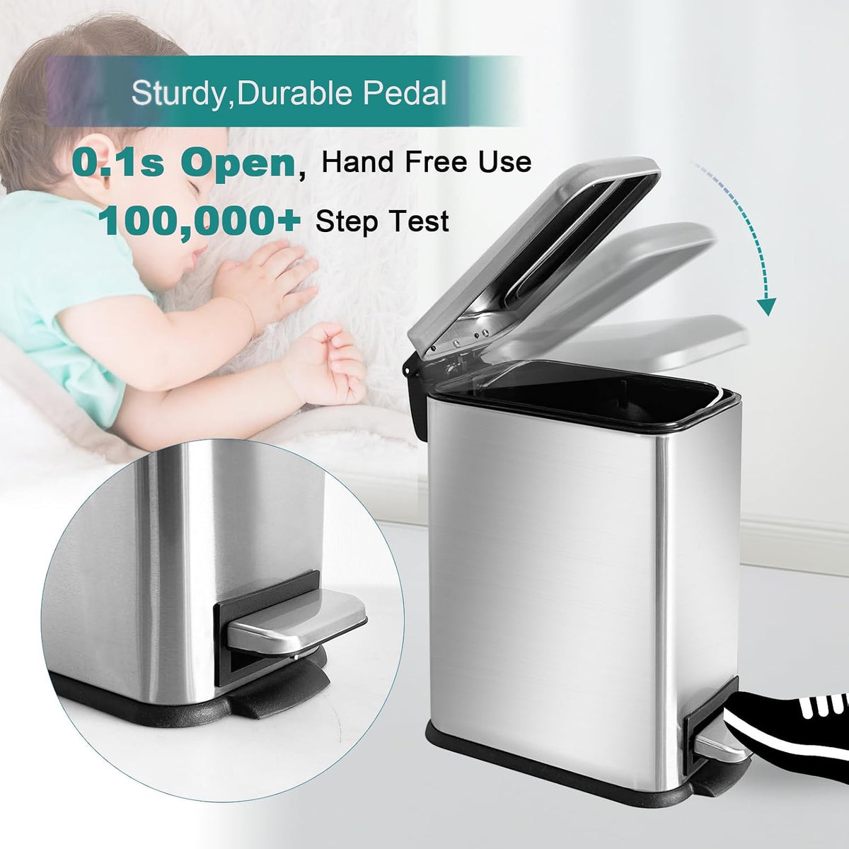 Small Bathroom Trash Can with Lid, Bedroom Trash Can, Silver