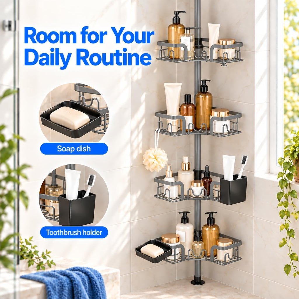 4-Tier Corner Shower Caddy Tension Pole, Floor to Ceiling Shower Corner Shelf Organizer with Soap Hold No-Drill 23.6-114.5 Inch Gray