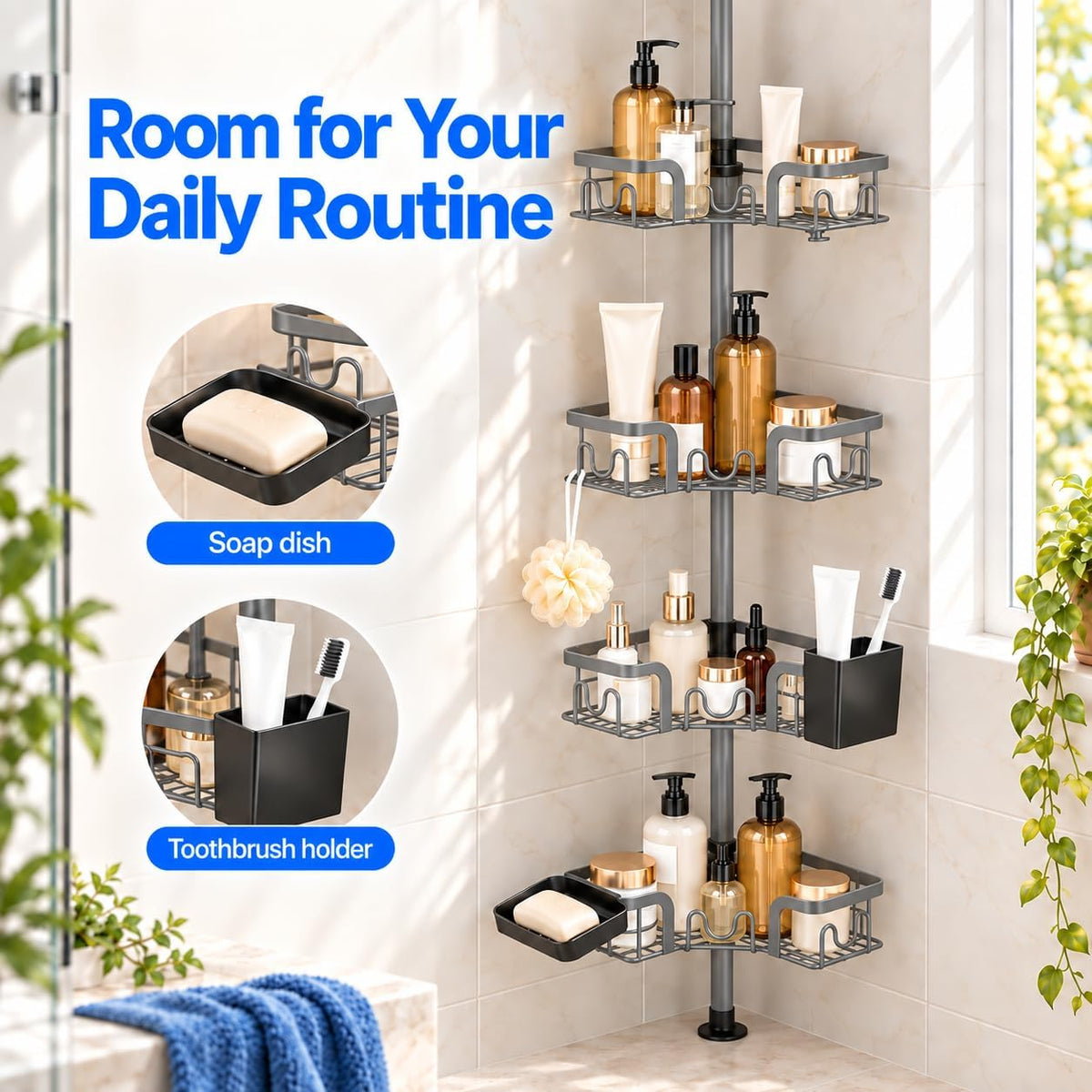 4-Tier Corner Shower Caddy Tension Pole, Floor to Ceiling Shower Corner Shelf Organizer with Soap Hold No-Drill 23.6-114.5 Inch Gray