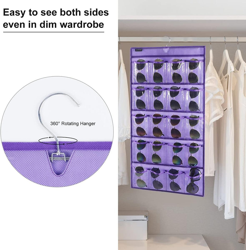 Dual Sided Hanging Sunglasses Organizer Storage Wall Mounted Eyeglasses Holder Eyewear Display Case with 40 Clear Slots (40 Pockets-Purple)