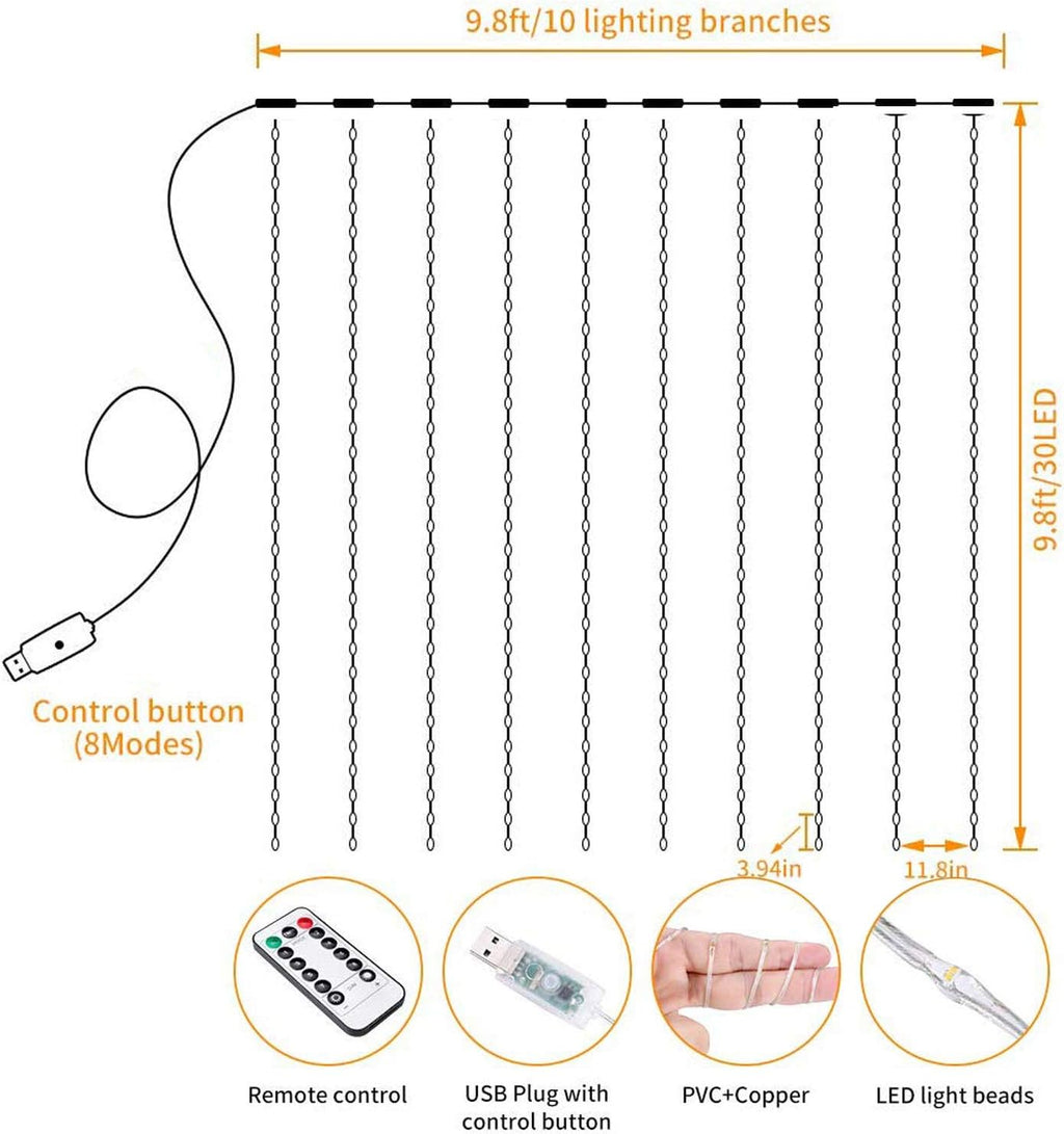 300 LED Fairy Curtain Window String Lights, Indoor String Lights 10 Ft with 8 Modes Fits Remote and Timer for Bedroom Wedding Party Patio and Christmas Decoration (Cold White)