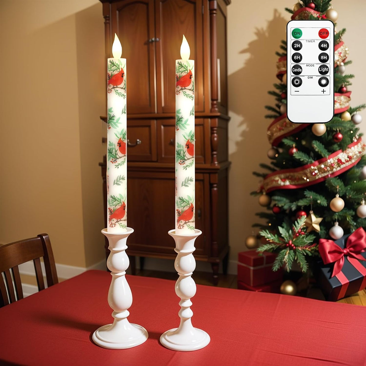 MELTONE Cardinal Bird Flameless Taper Candles with Remote - Red Bird Theme LED Taper Candles for Home Xmas Holiday Party Christmas Decoration - 2PCS 9.5INCH