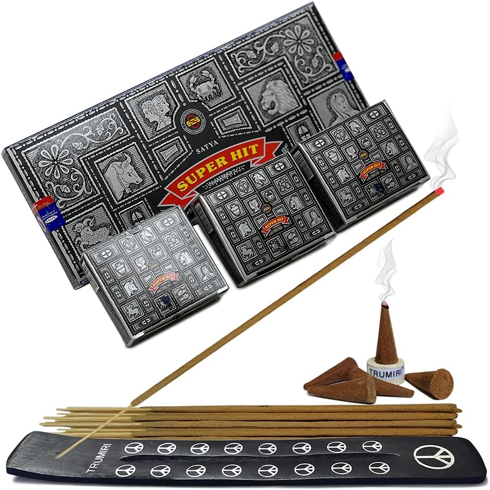 Super Hit Incense Sticks and Cones Variety Pack with Burner Holder Bundle from Satya Incense 100g Trumiri for Smudging and Aroma