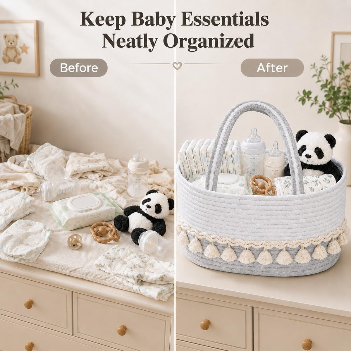Cotton Rope Baby Diaper Caddy Basket with Handles, Grayish White