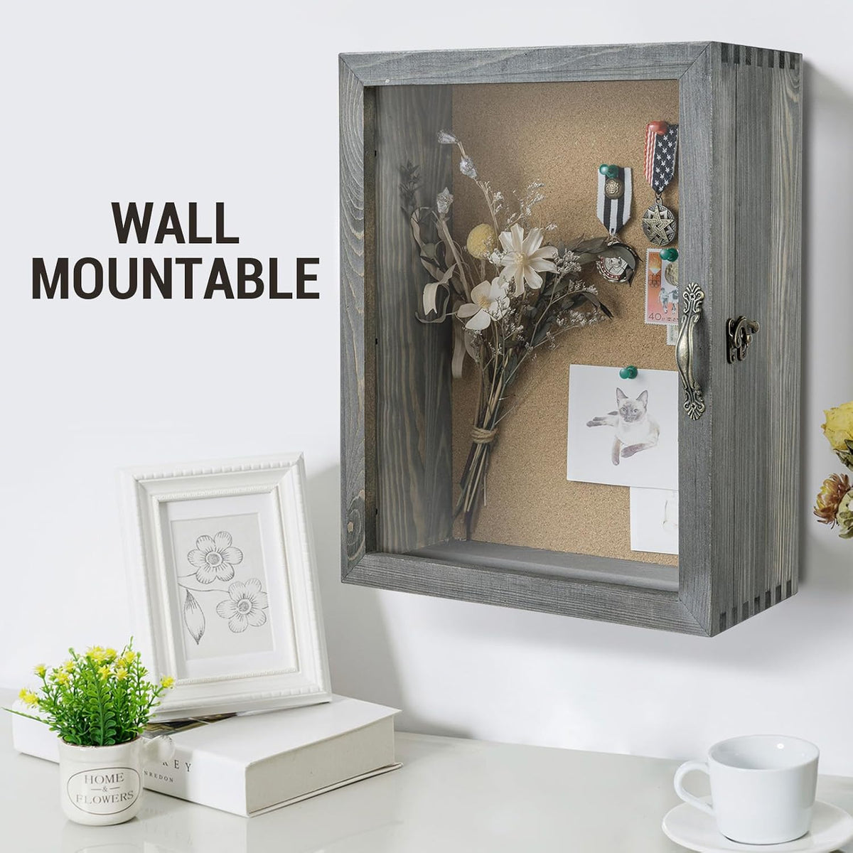 MyGift 11x14 Vintage Gray Solid Wood Deep Shadow Box with Cork Board Backing, Wall Mounted Display Case with Clear Acrylic Front Window Panel, Metal Handle