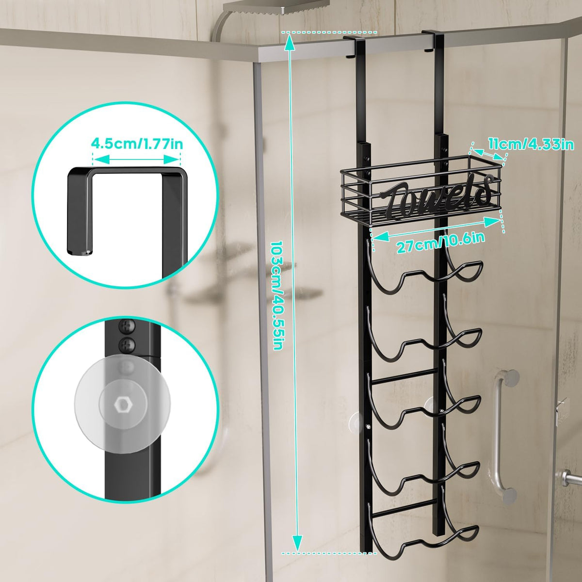 HapiRm Over The Door Towel Rack - 6 Tier Wall Mount Rolled Towel Holder Storage Organizer Shelf with Storage Basket for Small Bathroom, Rv, Camper - Black