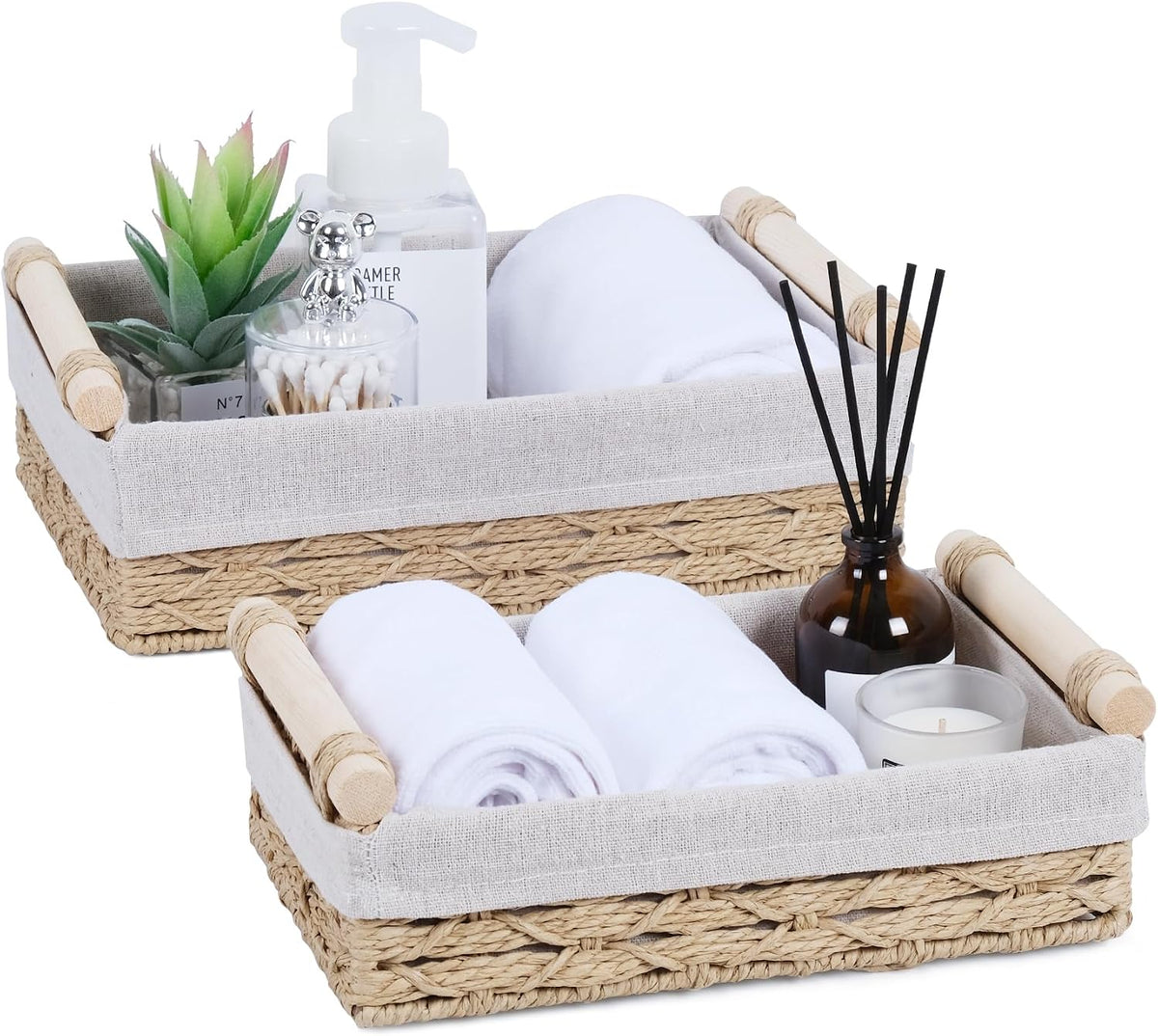 Wicker Storage Basket with Wooden Handle – Paper Rope Decorative Toilet Paper Baskets & Bathroom Organizer for Toilet Tank Top, Shelves, Bedroom, Countertop,Home,Office Storage Bins, 2 Pack,Beige