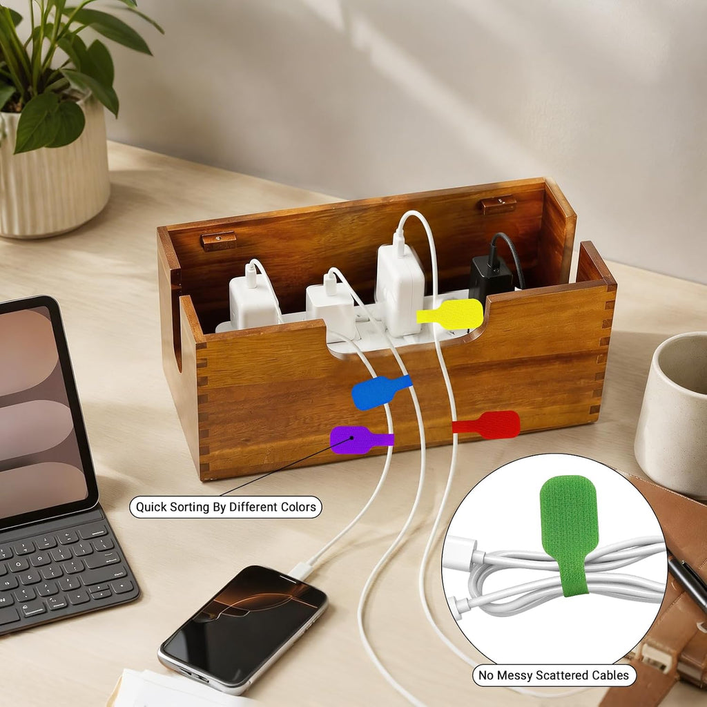 Wood Cable Management Box, Cord Hider Organizer for Power Strip
