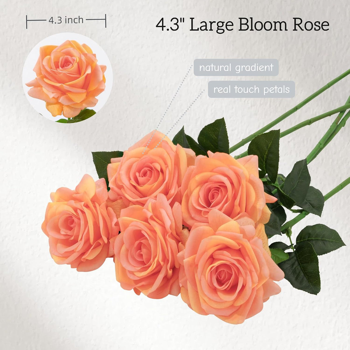 Real Touch Artificial Roses, 5Pcs Peach Coral Faux Silk Flowers