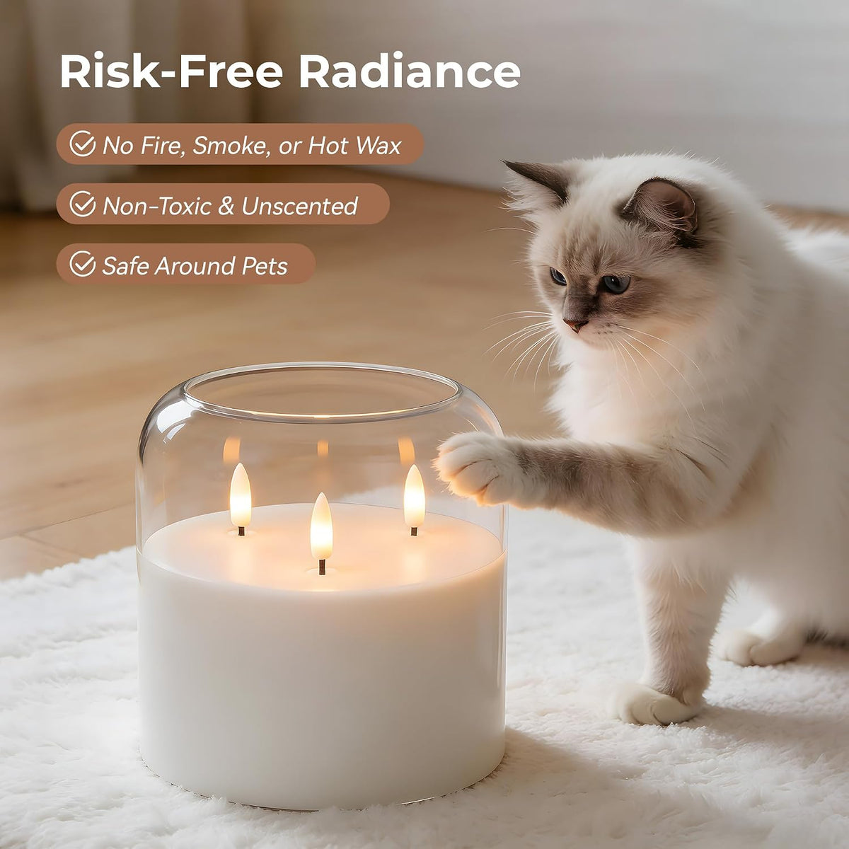 3 Wick Flameless Candle with Remote, Clear Glass, Wax, Battery Operated LED