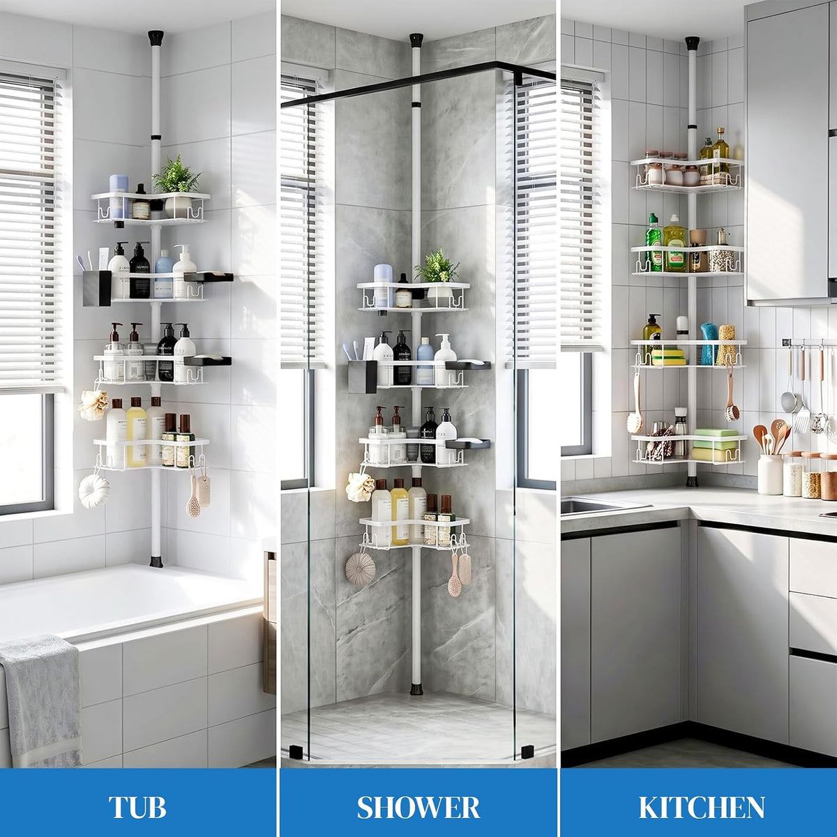 Corner Shower Caddy Tension Pole 4-Tier Rustproof Bathroom Organizer-White