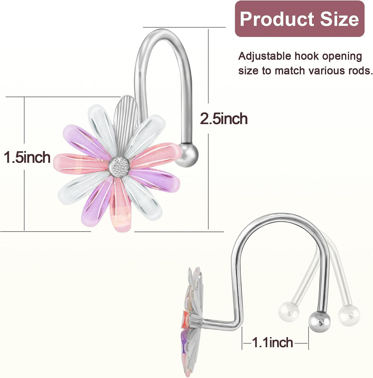 Shower Curtain Hooks, Rust Resistant Cute Daisy Metal Decorative Shower Rings Hangers Set of 12 for Bathroom Curtains,Clothing, Towels (Silver Multicolor)