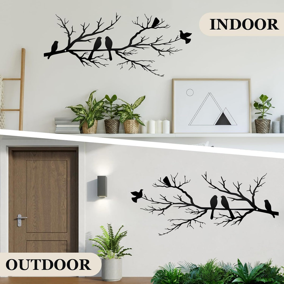 KINMAD Birds Metal Wall Decor Art - Outdoor Metal Hanging Wall Sculpture with Elegant Tree Branch - Wall Decor for Home Balcony Garden Living Room - Black (Large)