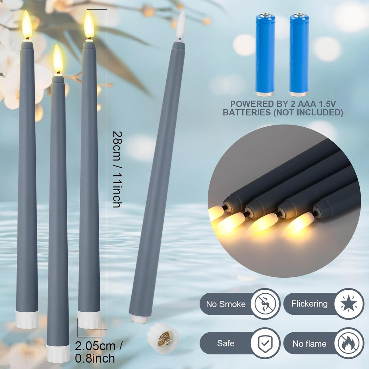 Handepo 48 Pack Flameless LED Taper Candle, Dusty Blue, 11 Inch