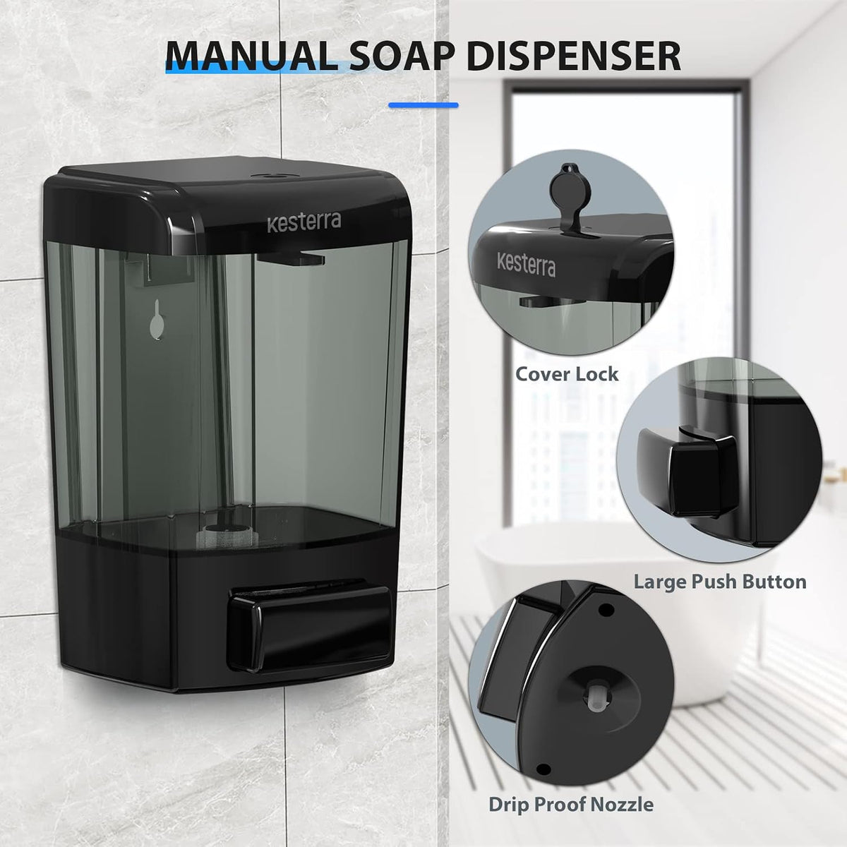 Manual Soap Dispenser, 23.7oz/700ml Wall Mount Soap Dispenser, Large Capacity Kitchen Bathroom Hand Soap Pump, Commercial Refillable Shampoo Shower Gel Lotion Dispenser, Black