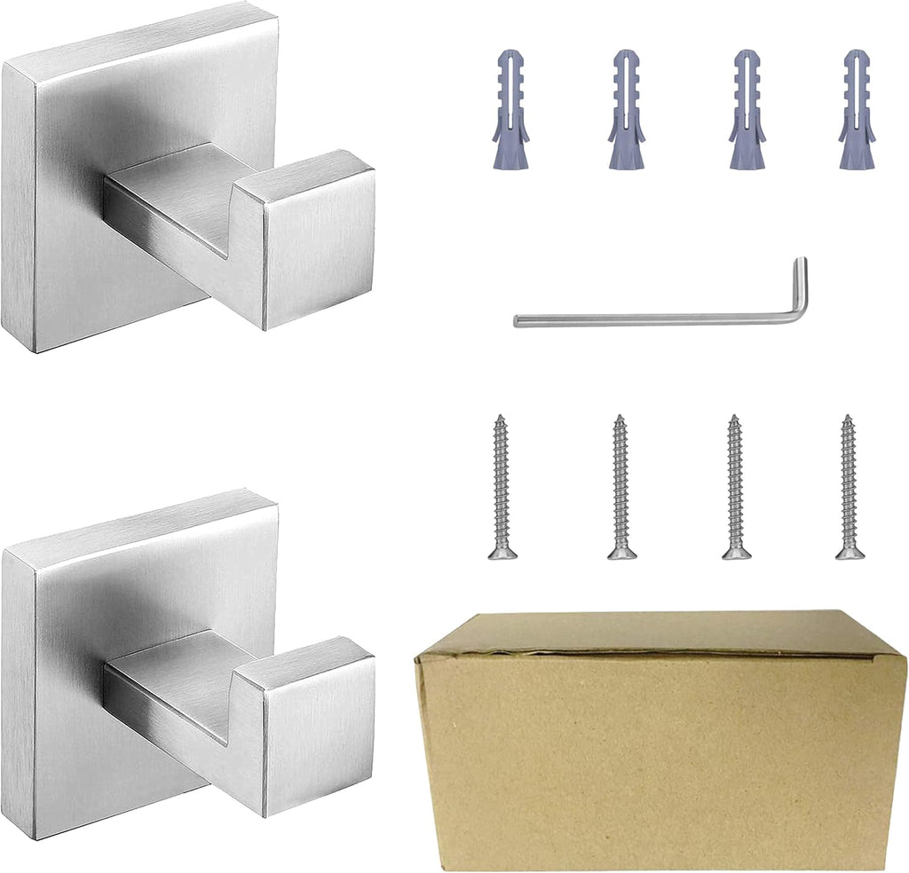 Nolimas Towel Hook Stainless Steel Bathroom Rustproof Clothes Towel Coat Hook Wall Mounted Square Toilet Kitchen, Heavy Duty Door Hanger, 2 Pack, Brushed Nickel