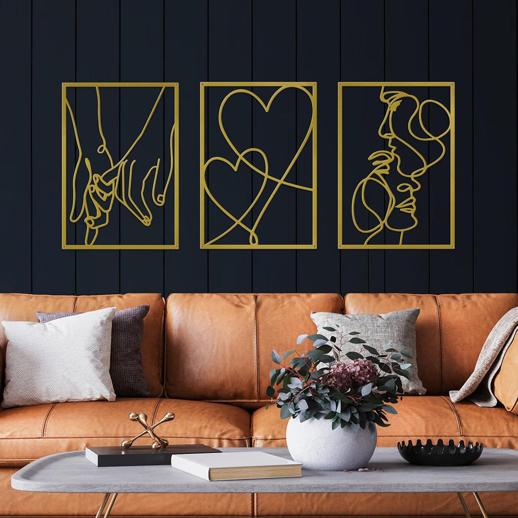 3 Pieces Metal Minimalist Line Wall Art, Love Heart Metal Wall Decor