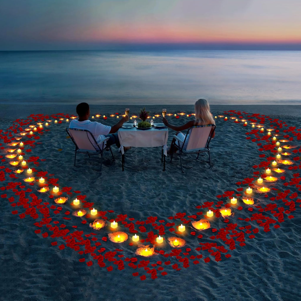 6000 Pcs Artificial Rose Petals with 72 Pcs Romantic Flameless Candles, LED Heart Tea Lights Battery Operated for Romantic Night Wedding Anniversary Table Party Decoration