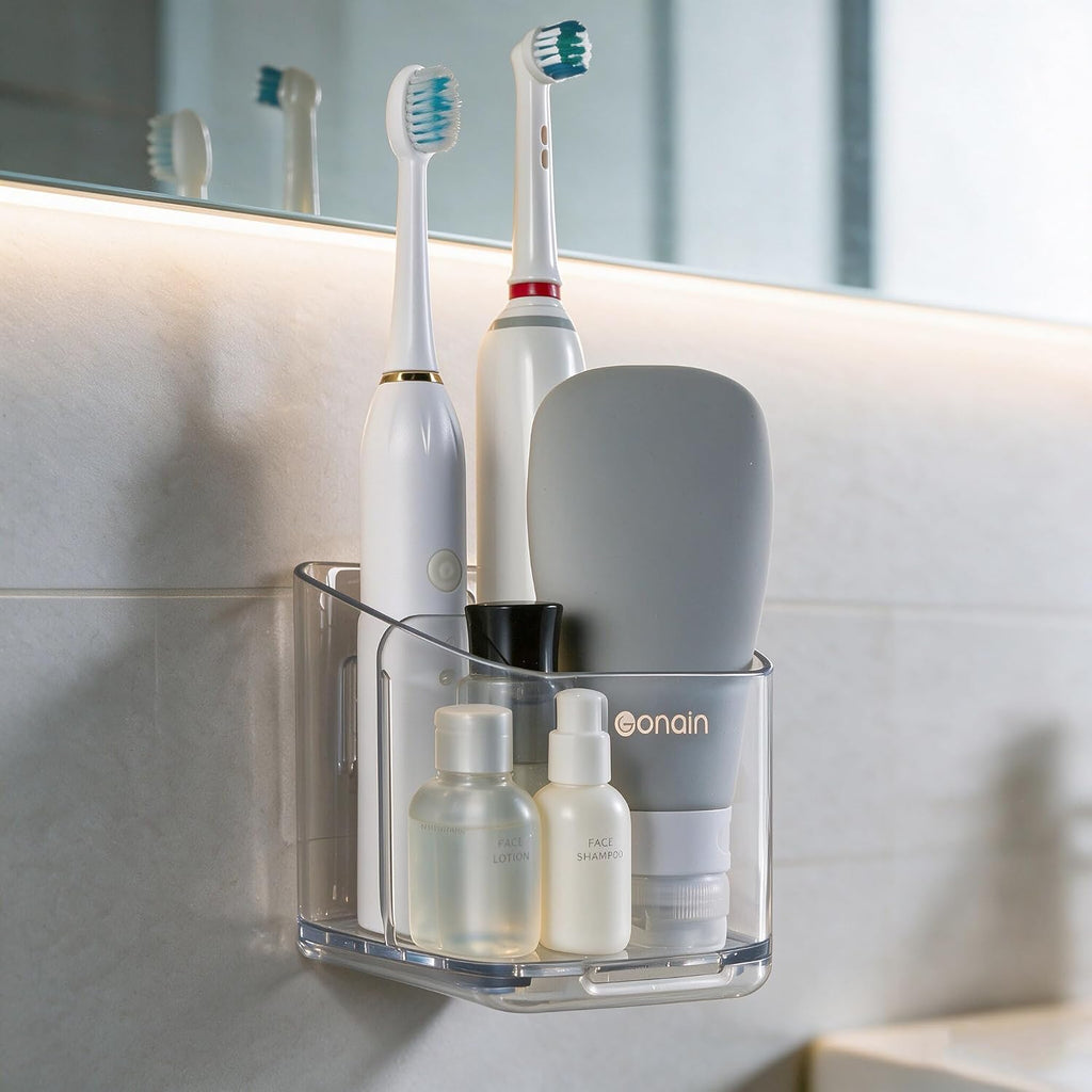 Toothbrush Holders for Bathroom - Detachable Divided Design, Drawer Drainage Tray, Adhesive Wall-Mounted/Countertop Dual-Use, Large Capacity Organizer for Bathroom/Kitchen/Office, Easy Install (Grey)