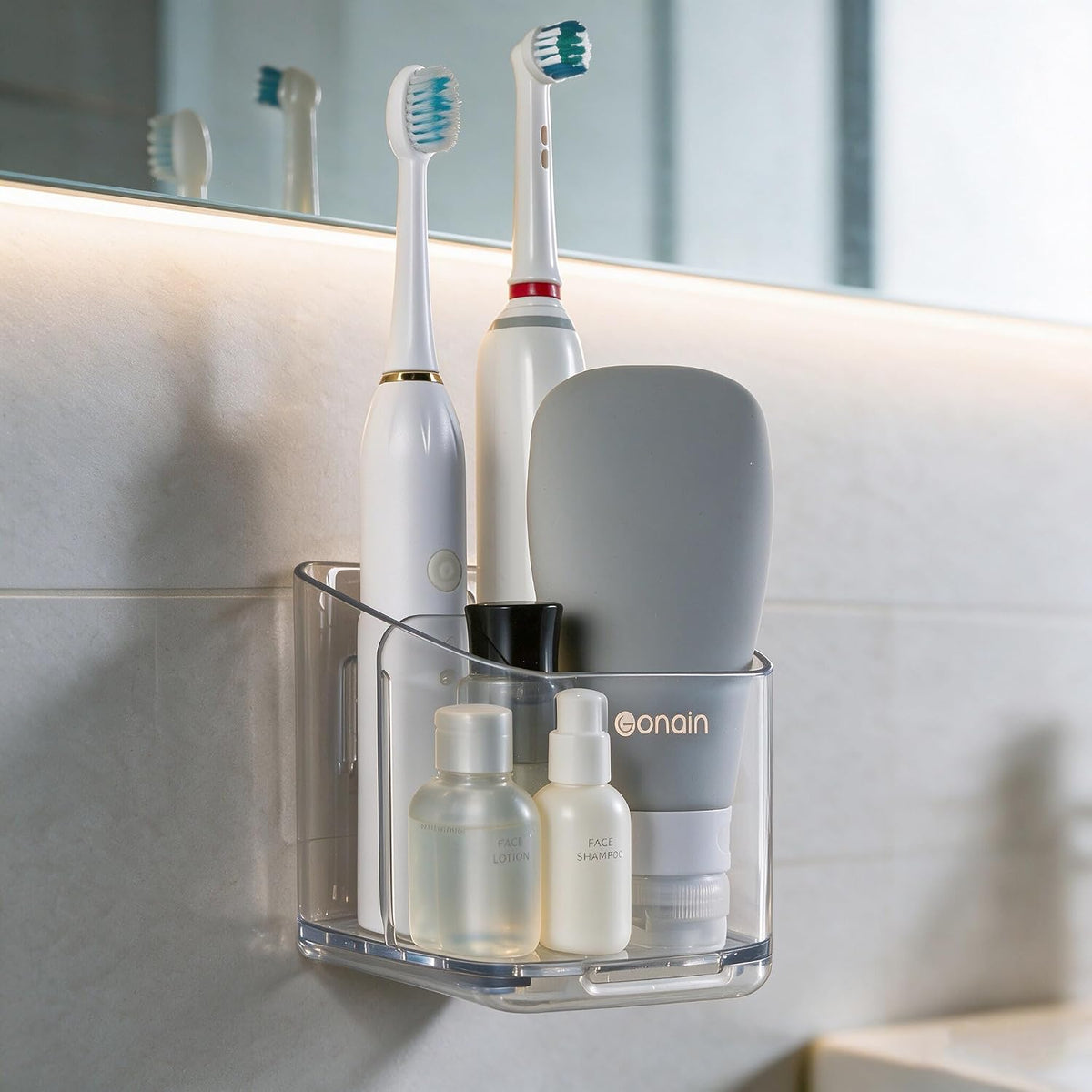Toothbrush Holders for Bathroom - Detachable Divided Design, Drawer Drainage Tray, Adhesive Wall-Mounted/Countertop Dual-Use, Large Capacity Organizer for Bathroom/Kitchen/Office, Easy Install (Grey)