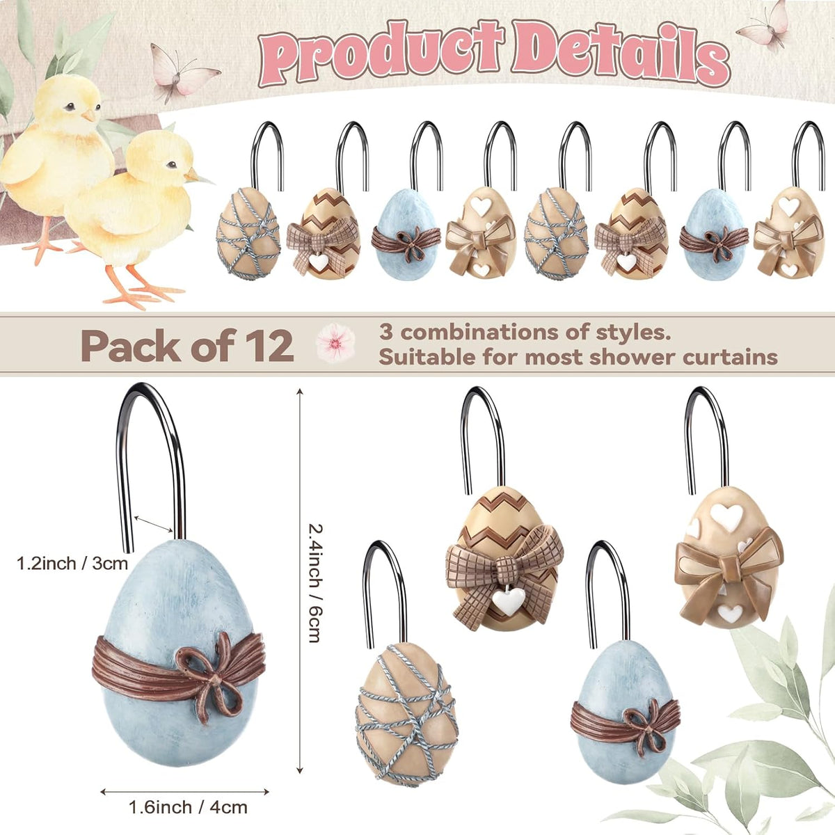 Colingmill 12 Pcs Easter Shower Curtain Hooks Easter Egg Shower Curtain Hooks Vintage Egg Bathroom Rust Resistant Decor Rings for Holiday Bathroom Bedroom Farmhouse Decorations