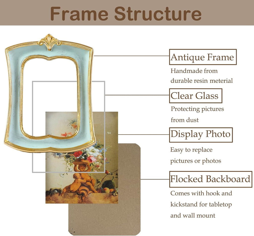Vintage Picture Frame 2.5x3.5 Antique Ornate Photo Frame Tabletop and Wall Hanging, Decorative Retro Design Home Decor, Old-Fashioned Photo Gallery Art, Sage Green