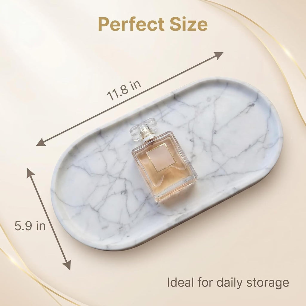 Natural Marble Tray - 12x6 Bathroom Decorative Tray, Perfume Tray & Vanity Tray Organizer. Versatile Tray Countertop Catchall for Jewelry, Soap & Candles