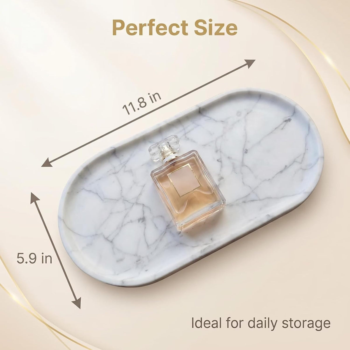Natural Marble Tray - 12x6 Bathroom Decorative Tray, Perfume Tray & Vanity Tray Organizer. Versatile Tray Countertop Catchall for Jewelry, Soap & Candles