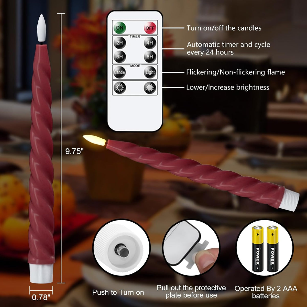 Eldnacele Red Flameless Taper Candles Battery Operated with Remote Timer